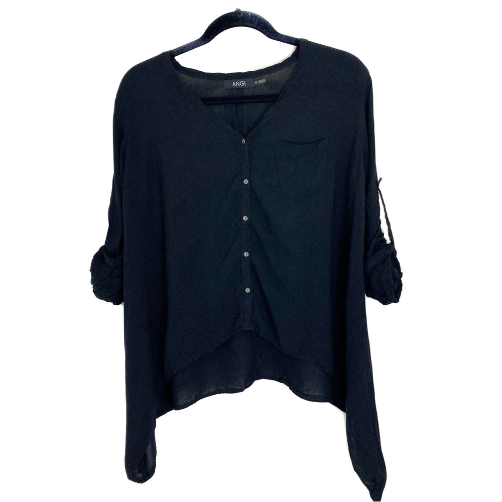 [ANGL] Button Down Asymmetrical V-neck Shirt Blouse Top Pocket size M